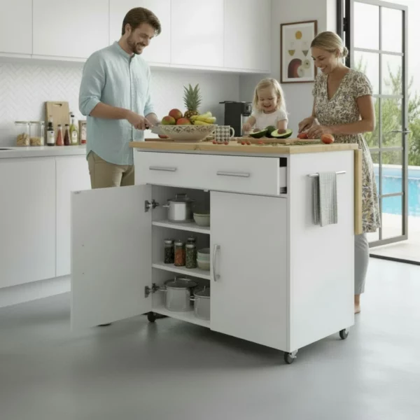 Space-saving kitchen island with cupboard doors and adjustable shelves - White Pine