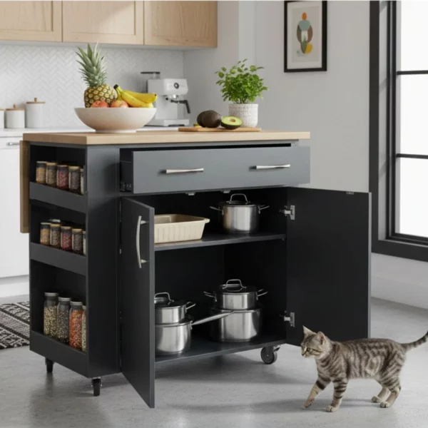 Multi-functional kitchen island for prep, storage, serving and compact living - Midnight Kalahari