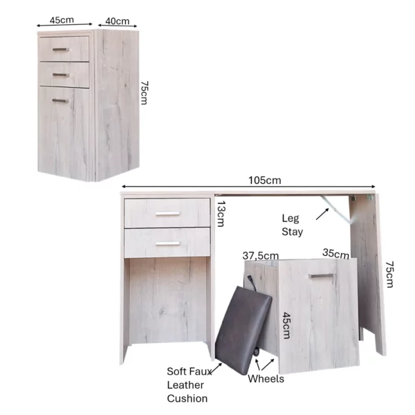Versa Combo Drawer Desk with Ottoman Chair - Dimensions