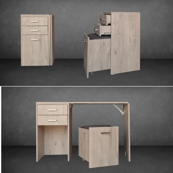 Versa Combo Drawer Desk with Ottoman Chair in Rustic Wood finish