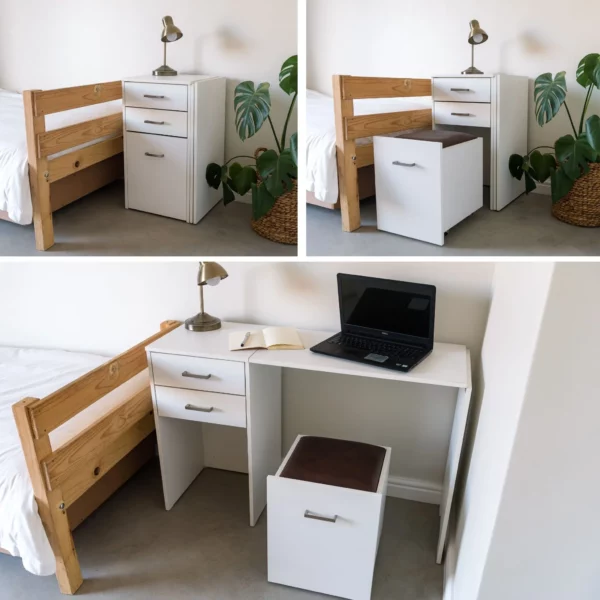 Versa Combo Drawer Desk with Ottoman Chair in Bedroom - White