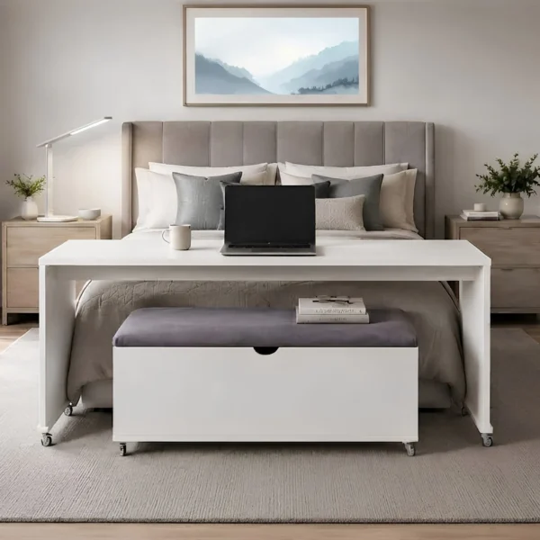 bedbridge overbed desk with sit n stowe ottoman bench - white