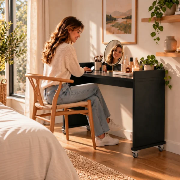 bedbridge rolling over bed desk compact flat top, woman at make-up station - midnight