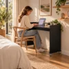 bedbridge rolling over bed desk compact flat top, woman working at desk - midnight