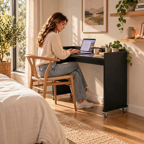 bedbridge rolling over bed desk compact flat top, woman working at desk - midnight