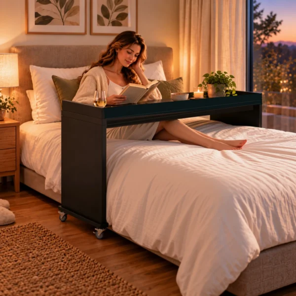 bedbridge rolling over bed desk compact flat top, woman working in bed - midnight