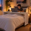 bedbridge rolling over bed desk compact flat top, boy working in bed - white