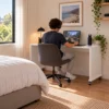 bedbridge rolling over bed desk compact flat top with boy working at desk - white