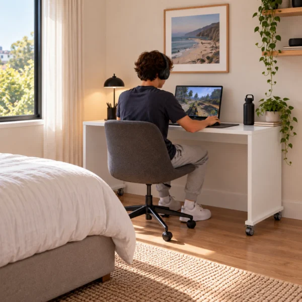 bedbridge rolling over bed desk compact flat top with boy working at desk - white
