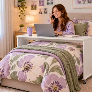 BedBridge Bed Desks: 7 Powerful Ways to Transform Your Bedroom bedbridge rolling over bed desk compact flat top in girls bedroom - white