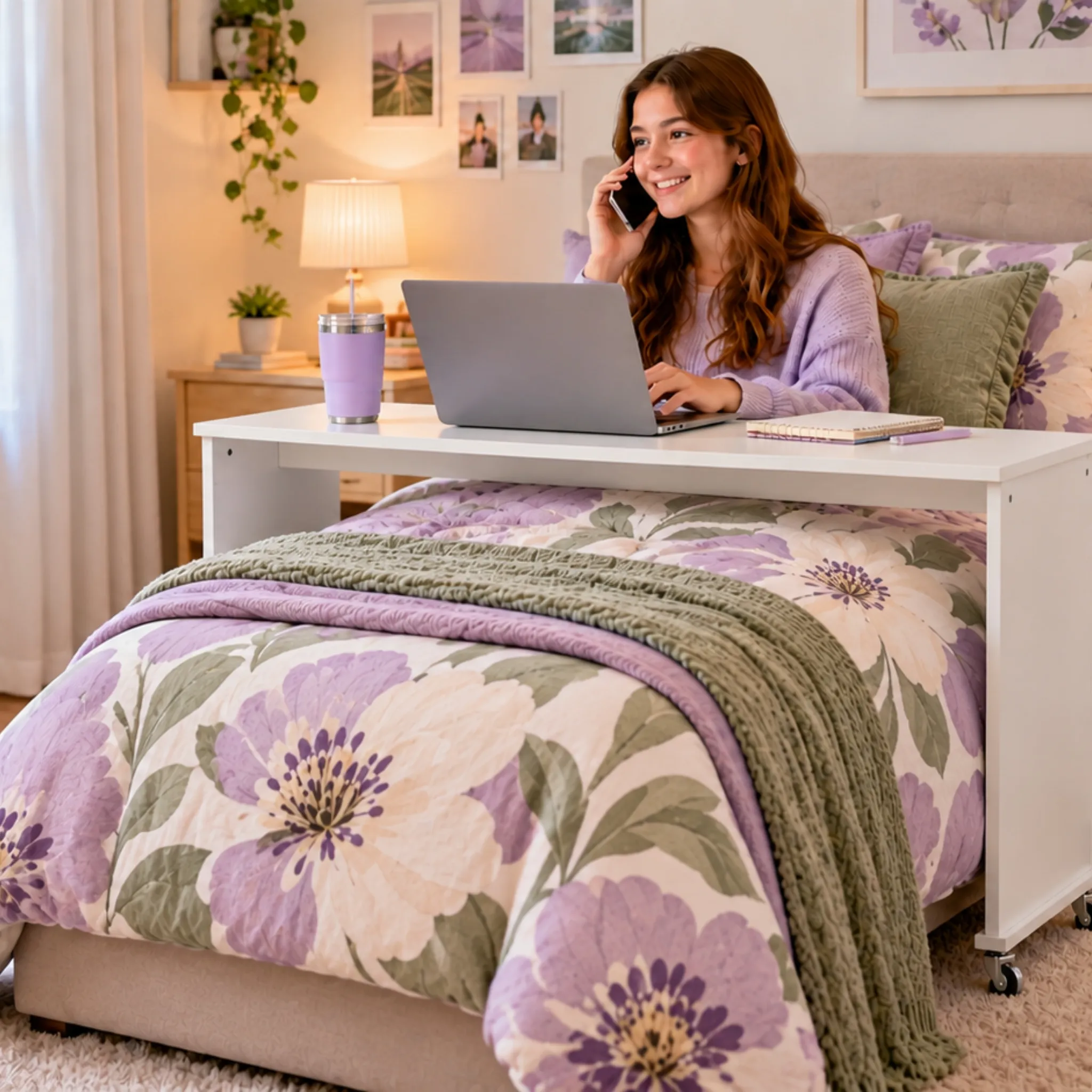 bedbridge rolling over bed desk compact flat top in girls bedroom - white