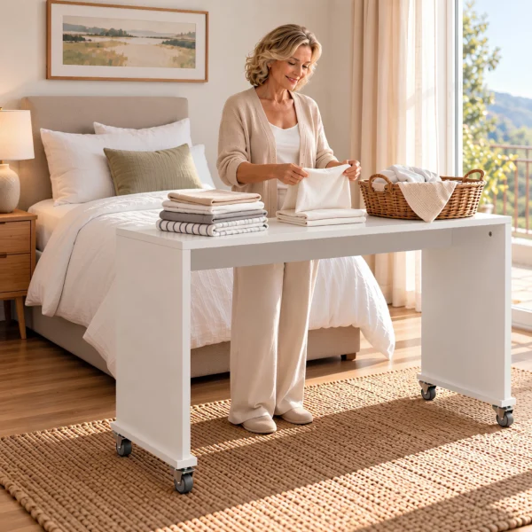 bedbridge rolling over bed desk compact flat top for laundry sorthing - white