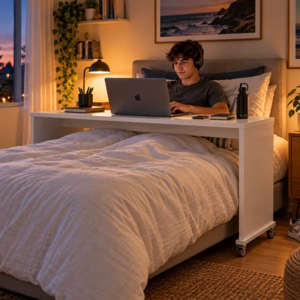 bedbridge rolling over bed desk compact flat top, boy working in bed - white