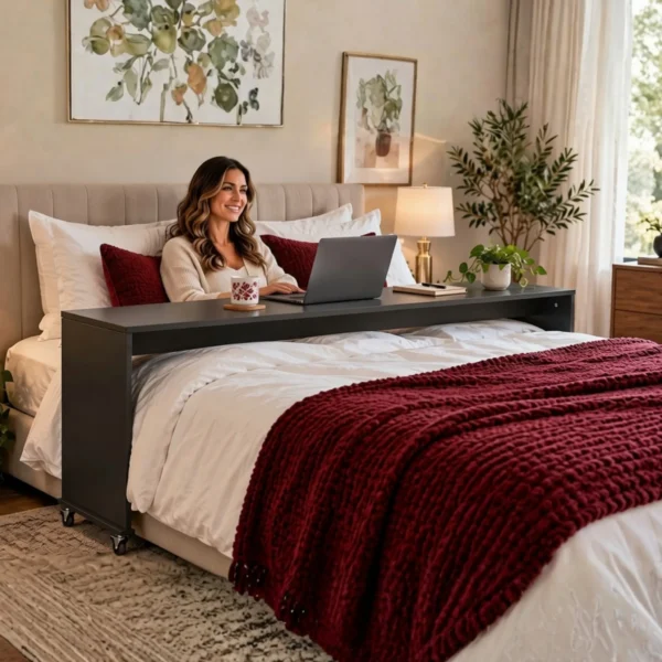 bedbridge rolling over bed desk king 75cm woman working in bed midnight