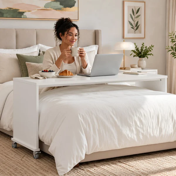 bedbridge rolling over bed desk queen 75cm with wheels with women in bed white
