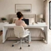 bedbridge rolling over bed desk queen 75cm with wheels with woman working - white