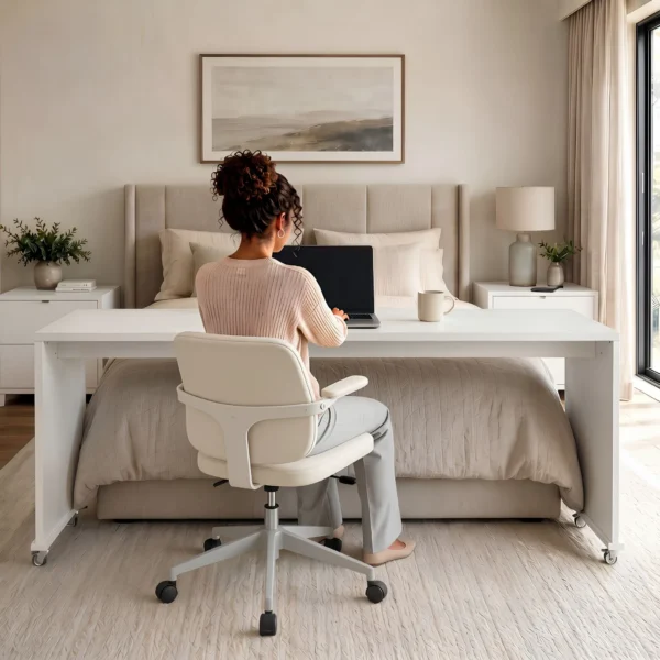 bedbridge rolling over bed desk queen 75cm with wheels with woman working - white