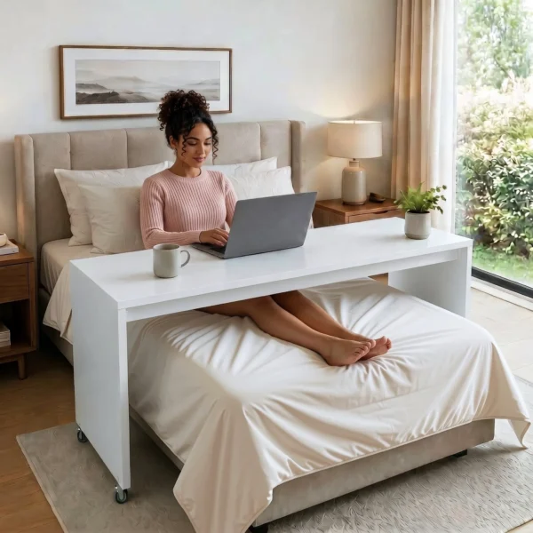 bedbridge rolling over bed desk queen 75cm with women working in bed - white