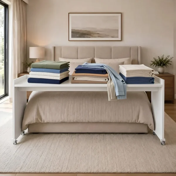 bedbridge rolling over bed desk queen with wheels & guardrail and laundry - white